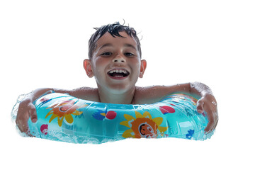 Happy boy enjoying a swim with a bright tube