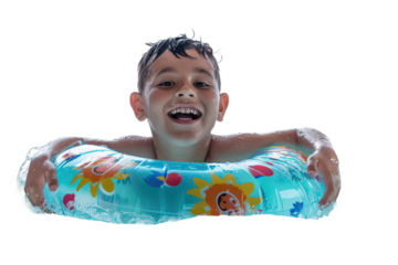 Happy boy enjoying a swim with a bright tube