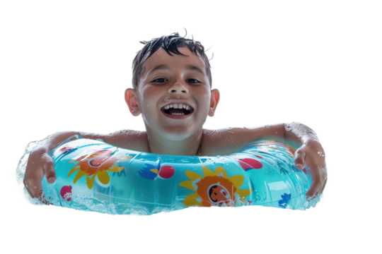 Happy boy enjoying a swim with a bright tube - Powered by Adobe