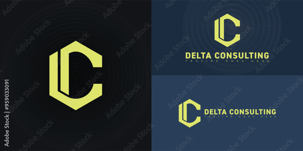 Poster modern hexagon vector initial letter dc or cd logo in yellow color isolated on multiple background c