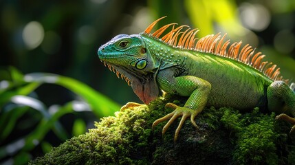 Fototapeta premium A vibrant green iguana perched on mossy rocks in a lush environment.