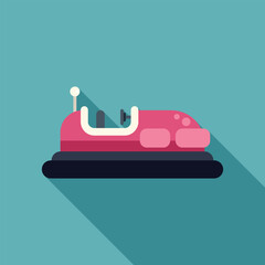 Pink bumper car with a long shadow on a turquoise background, perfect for projects related to amusement parks and summer fun