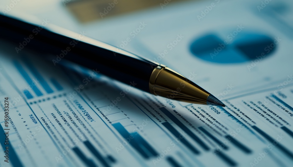 Poster a close-up of a pen resting on a graph and financial data