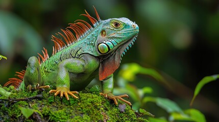 Obraz premium A vibrant iguana perched on a mossy surface in a lush environment.