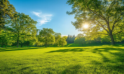 Obraz premium Beautiful green grass in the park with trees and a blue sky. Spring landscape with sunlight