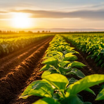 A sun-drenched field of green crops at sunset, with rows of plants and tilled soil.