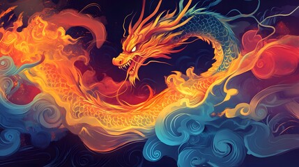 Chinese Zodiac Dragon with Fire and Water: A dragon intertwined with elements of fire and water, symbolizing its control over natural forces, illustrated in a dynamic and vibrant style.
