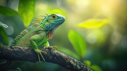 Fototapeta premium A vibrant green iguana perched on a branch amidst lush foliage in a sunlit environment.
