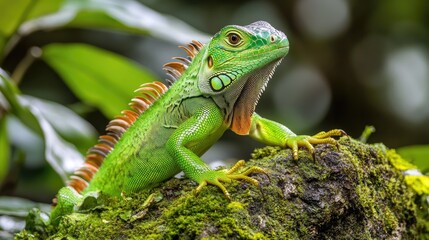 A vibrant green iguana perched on a mossy rock in a lush environment.