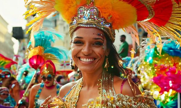 A lively Brazilian Carnival celebration with vibrant costumes, energetic music, and samba dancers parading through the streets. Video