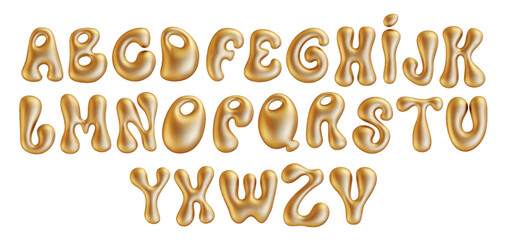 Gold Liquid font in Y2K style PNG. Vector realistic 3d golden inflated alphabet and numbers metal effect.