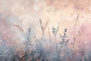 Obraz premium Silhouettes of Wildflowers Against a Softly Blurred, Pink-Hued Sky