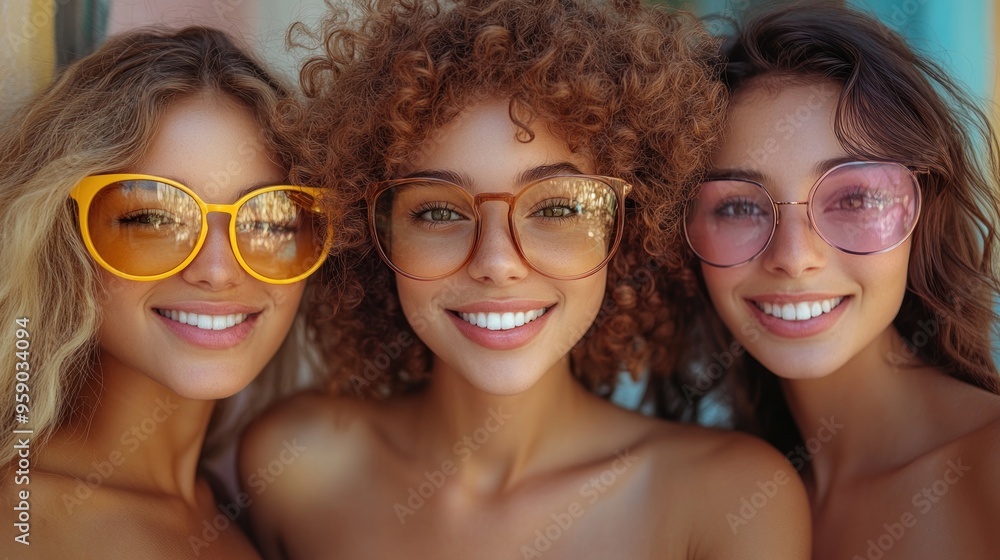 Poster Three smiling female friends wearing sunglasses in a close up shot.