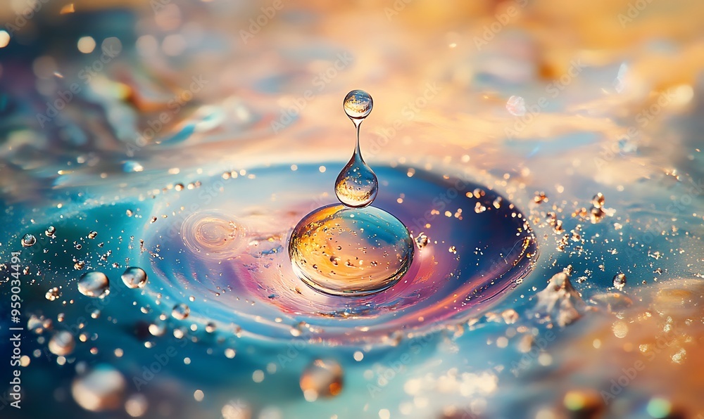 Poster a single water drop creating ripples and a miniature galaxy in a pool of water
