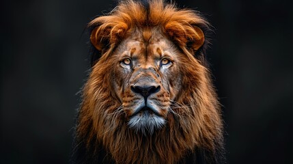 Fototapeta premium A majestic lion with a powerful stare, captured in a close-up shot with a dark background.