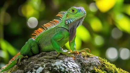 Fototapeta premium A vibrant green iguana perched on a rock, showcasing its colorful features in a natural setting.