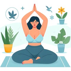 Plus size woman doing yoga flat style illustration, white background, isolated, pastel colors, postcard 