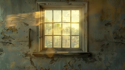 Sunlight streams through a window in a dilapidated building, casting rays of light on the peeling paint.