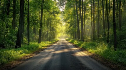 Fototapeta premium Sunlight through the Trees on a Winding Forest Road