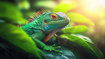 Fototapeta premium A vibrant green iguana resting among lush leaves in a sunlit environment.