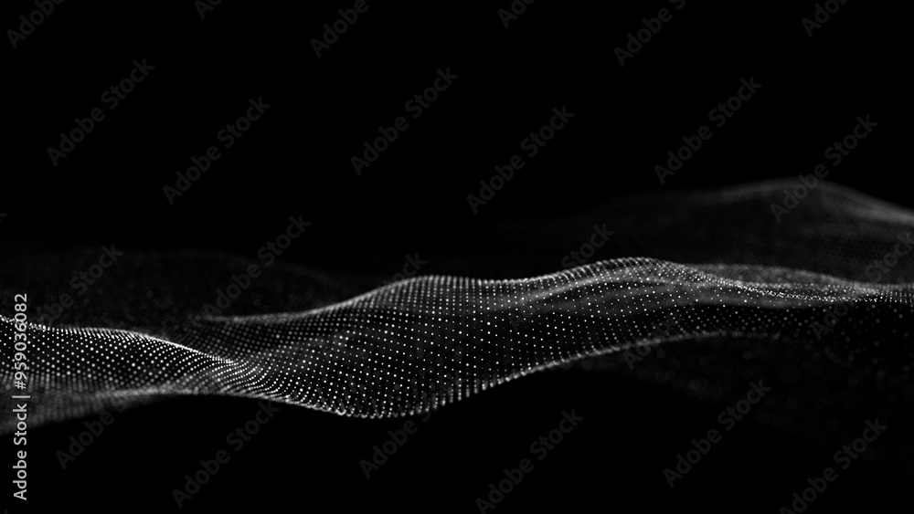 Fototapete Black wave of particles. Big data visualization. Abstract background with a dynamic wave. 3d rendering.