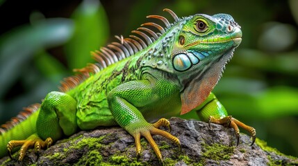 Naklejka premium A vibrant green iguana perched on a rock amidst lush foliage.