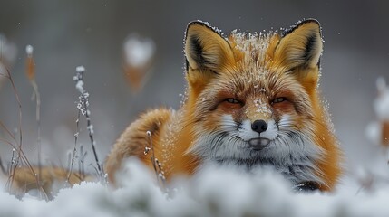 Fototapeta premium A red fox lies in the snow, looking directly at the camera with a playful expression.