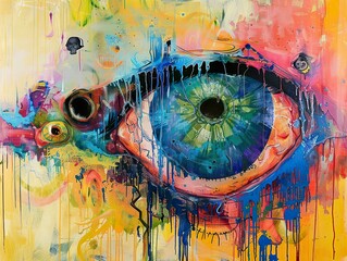 Abstract painting of a large eye with vibrant colors and drips of paint.