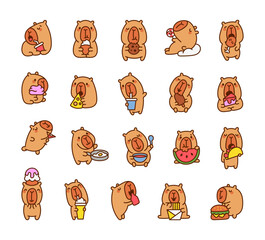 Cute capybara eating. Funny cartoon animal. Hand drawn style. Vector drawing. Collection of design elements.