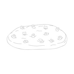 Hand drawn line cookie with chocolate on top. Vector illustration of bakery product. Black and white drawing for menu, packaging and label
