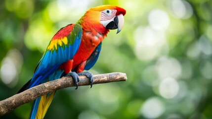 Obraz premium A vibrant scarlet macaw perched on a branch, its plumage a striking contrast against the lush green foliage.