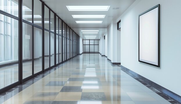 Empty poster frame mockup in a modern university, school corridor