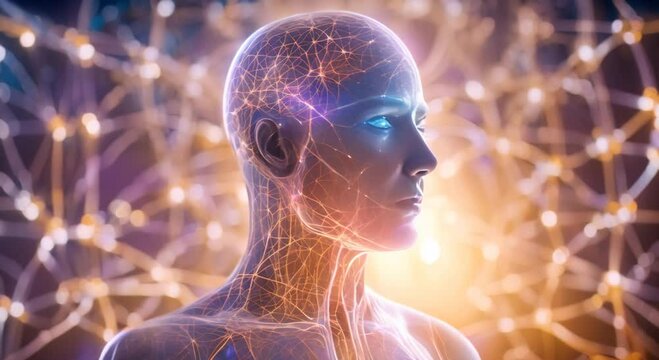 A holographic schematic of the human body featuring the neural connections between the head and brain as well as the organ structures on a futuristic background 4k animation
