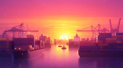 A vibrant sunset illuminates a bustling harbor with cargo ships and cranes. The cityscape in the distance adds to the industrial beauty of the scene.