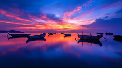 A vibrant sunset paints the sky in shades of pink and orange, reflecting on the calm waters of a bay with several small boats anchored.
