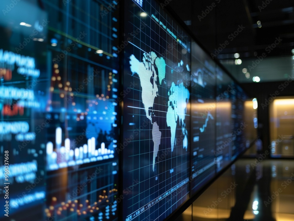 Poster a wall of digital screens displaying data and a world map in a modern office setting.