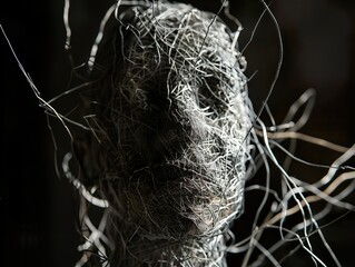 Close-up of a wire sculpture of a human head with a dark and mysterious background.