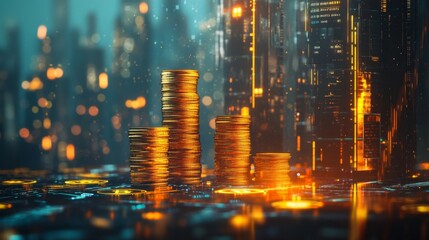 Futuristic Cityscape with Glowing Coins and High-Tech Elements