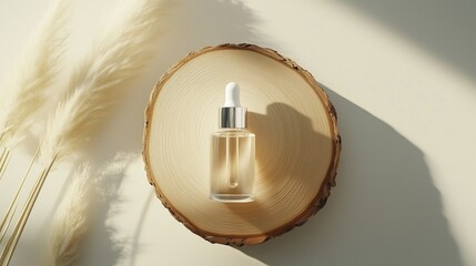 Fototapeta premium Elegant glass dropper bottle placed on a wooden slice with soft shadows and natural elements during daytime