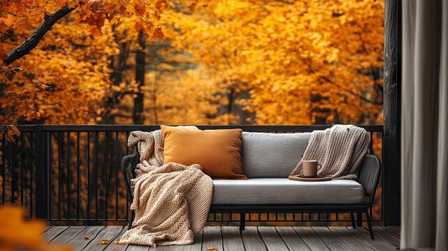 Veranda with a sofa, blanket and cup against the backdrop of autumn trees