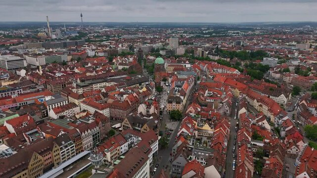 Aerial shot of the Bavarian town of Nuremberg in Germany. The historical center of the city, the view from the throne. Bavaria from above.