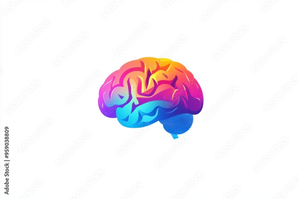 Poster logo design of a colorful brain, in a minimalist style, on a white background simple art, using geom