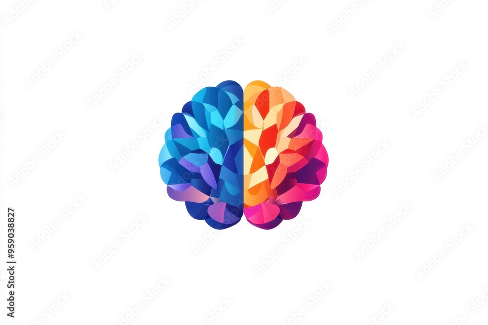 Poster logo design of a colorful brain, in a minimalist style, on a white background simple art, using geom