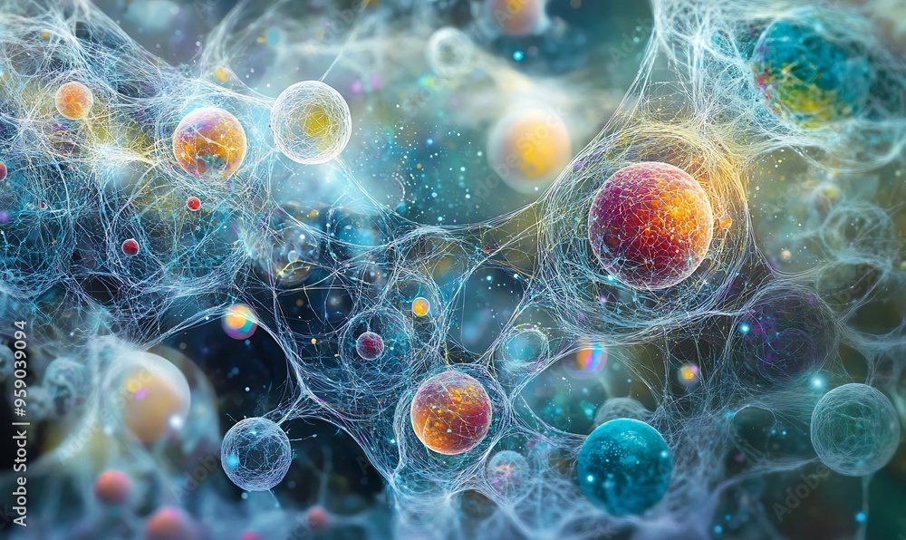 Poster abstract colorful spheres entangled in a web-like structure