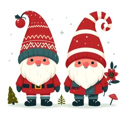 Cute gnomes in red santa hats on white background. Scandinavian christmas elves. Vector illustration in flat cartoon style. Nordic element design for greeting cards, season greetings, web, wrapper