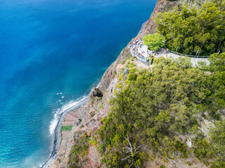 Drone aerial photography of Cabo Girão - tourist lookout point on a lofty sea cliff located along the southern coast of the Madeira Island