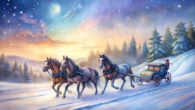 Traditional Troika Sleigh Ride through Snowy Winter Landscape at Dusk