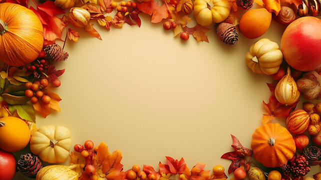  Thanksgiving pumpkins, leaves and fall elements make a border for signage, holiday theme menu invitation or poster, 3D or autumn fall themed border with open copyspace for a custom message or image- 
