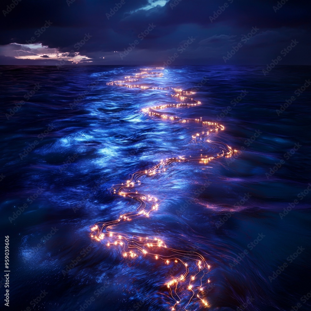 Poster a winding path of glowing lights illuminate the dark ocean surface, creating a mesmerizing and ether