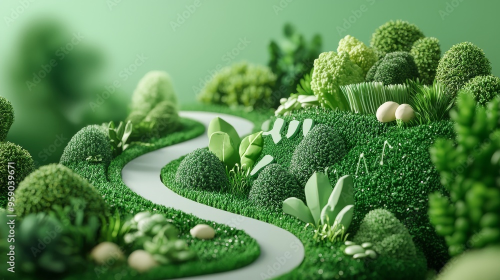 Poster a winding path through a lush, green forest. the path is surrounded by vibrant foliage and trees, cr